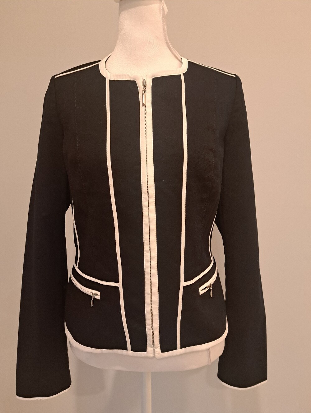 White House Black Market Black & White Zip-Front Womens Jacket Contrast Trim